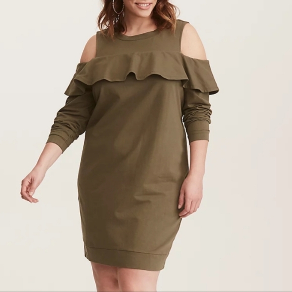 Torrid Olive Green Casual Flounce Ruffle Knit Sweatshirt Cold Shoulder Dress 00 - Picture 1 of 10